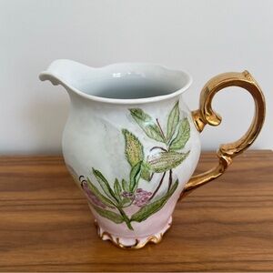 VINTAGE Gold Trim & Handle Floral Ornate Ceramic Pitcher Botanic Victorian Jug